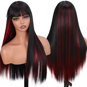 [Summervibes] TOPHR HAIR 26 Inch Straight Wig with Bangs Black Red Highlight | Layered Long Silky Hair Synthetic Wig, Natural Look, Easy Install, Daily Wear, Parties & Vacations