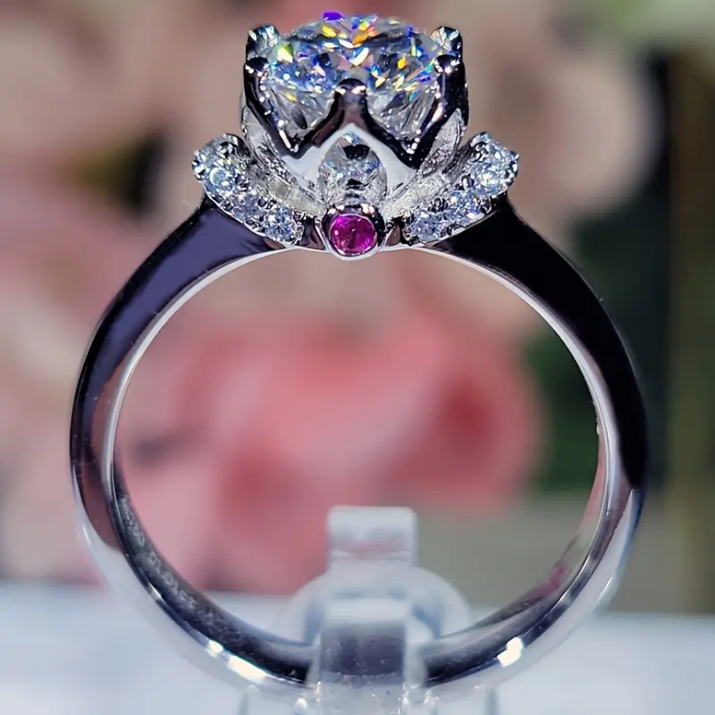 1pc 1 Carat Round Moissanite Ring, Fashion Unique Vintage Ring S925 Silvery Ring, Wedding Promise Engagement Ring, Anniveary Birthday Gifts