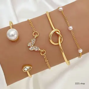 Women's 4-Pcs Gold Layered Sports Wristband Bracelet Set - Stackable Love Knot Cuff, Faux Pearl, Rhinestone Butterfly, Crystal Teardrop Charm Link Chain Jewelry Gift