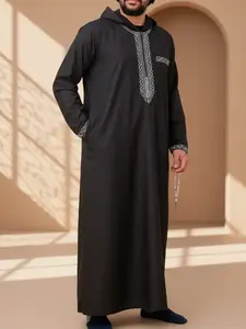 Men's Ethnic Pattern Embroidery Zipper Hooded Robe, Traditional Long Sleeve Pocket Jubba Modesty Thobe for Daily Wear, Men's Islamic Clothing for All Seasons, Traditional Arabic Robe