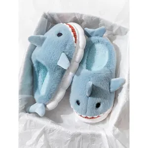 2025 new products Men's Cute Fluffy Cartoon Shark Design Plush Home Slippers, Casual Soft Fuzzy Plush Pillow-like Comfortable Home Slippers, Warm & Cozy Slippers for Fall & Winter Wear, House Shoes