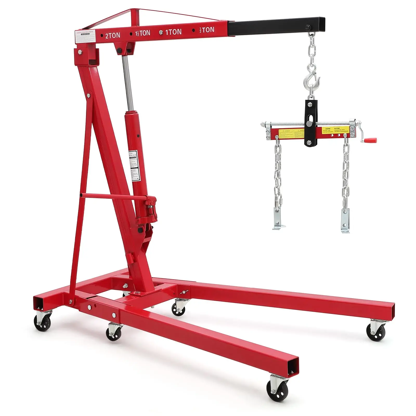 Garvee 2 Ton Folding Hydraulic Engine Hoist - Heavy Duty 4400 lbs Shop Crane - Adjustable Telescoping Boom - Load Leveler - 6 Swivel Caster Wheels - Hydraulic Pump - Ideal for Automotive, Garage, Workshop Use - Red
