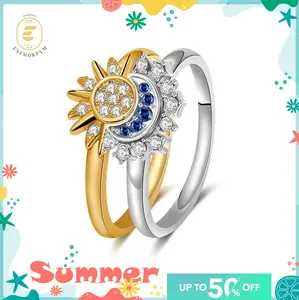 EOM Sun & Moon Ring Rhinestone Band White/Golden Metal Coating Romantic Gift for Couples Weddings Anniversaries