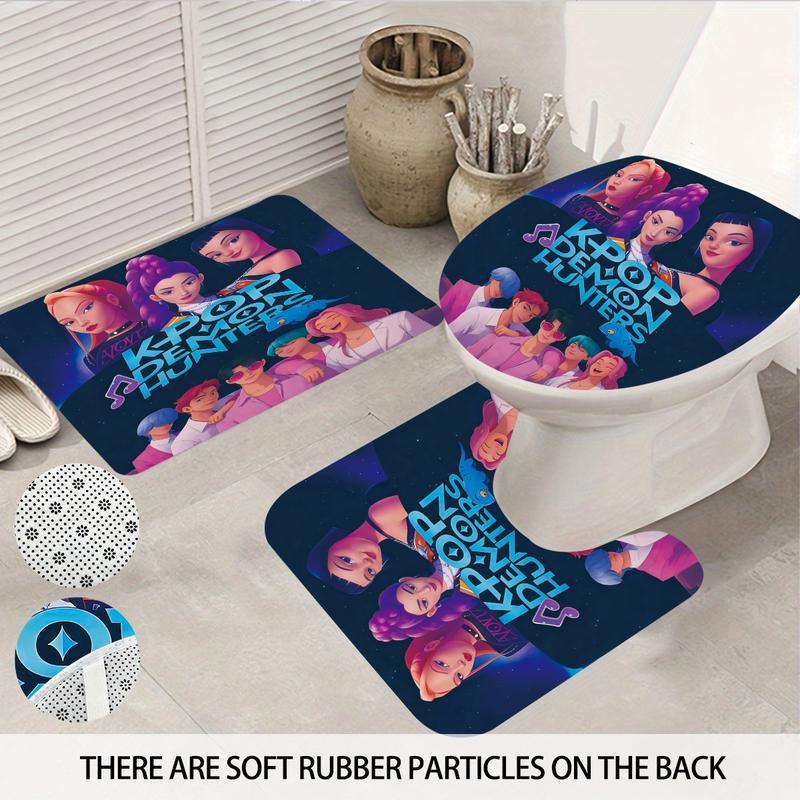 K-POP Demon Hunters Bathroom Set, Waterproof Shower Curtain with Hooks, Non-Slip Bath Rug, U-Shaped Toilet Mat, Toilet Lid Cover, Bathroom Decoration Accessories