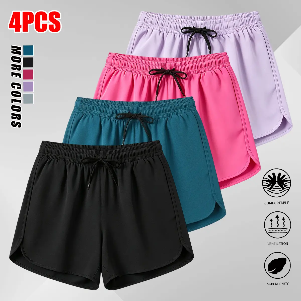 4-pack women’s summer sports shorts, quick-dry fitness shorts with drawstring design, suitable for yoga, gym, and beach wear; women’s athletic shorts, workout shorts