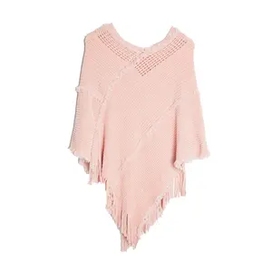 Spring Autumn Pullover Shawl Knitwear Hollow Knitting Tassel Shawl Women Poncho Lady Capes Pink Cloaks Cashmere Pashmina