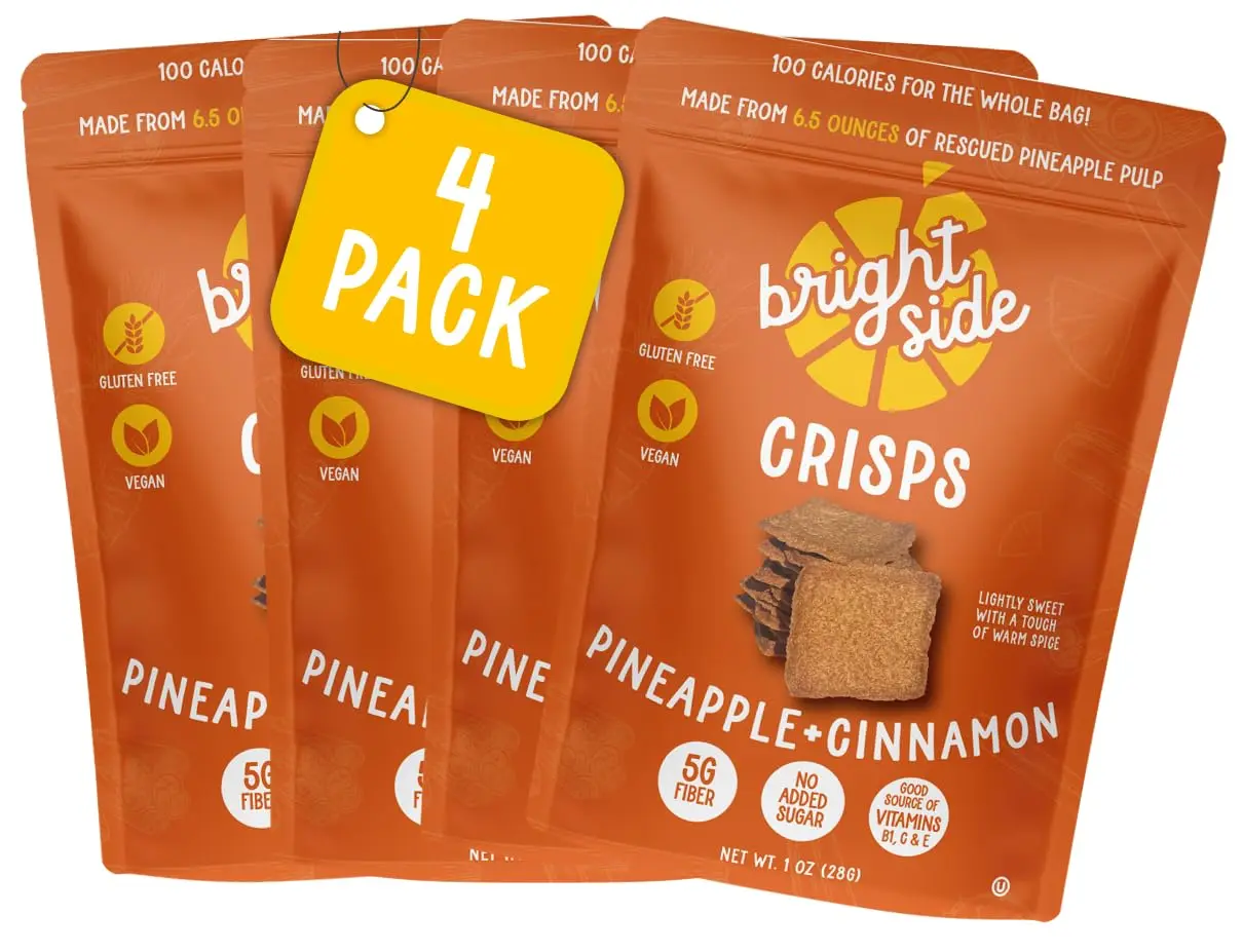 Bright Side Crisps - Pineapple + Cinnamon - Just Two Ingredients: 100% Upcycled Pineapple Pulp and Cinnamon, High Fiber, No Sugar Added, Vegan, Gluten-Free, 100 Calories, Healthy All-Natural Chip and Cracker Alternative (4-Pack, 1 oz Pouch PC)