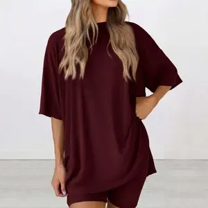 Women's 2 Piece Outfits Lounge Set - Oversized Short Sleeve Ribbed T-Shirt and High Waisted Biker Shorts Tracksuit Pajama Set