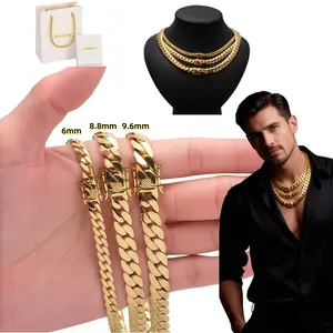 Stainless steel men's Cuban chain with a smooth clasp / Gold / Brass-colored men's Cuban chain necklace, width: 6 mm / 8.8 mm / 9.6 mm, fade-resistant and durable, length: 7.5 inches–24 inches, comes with a gift box