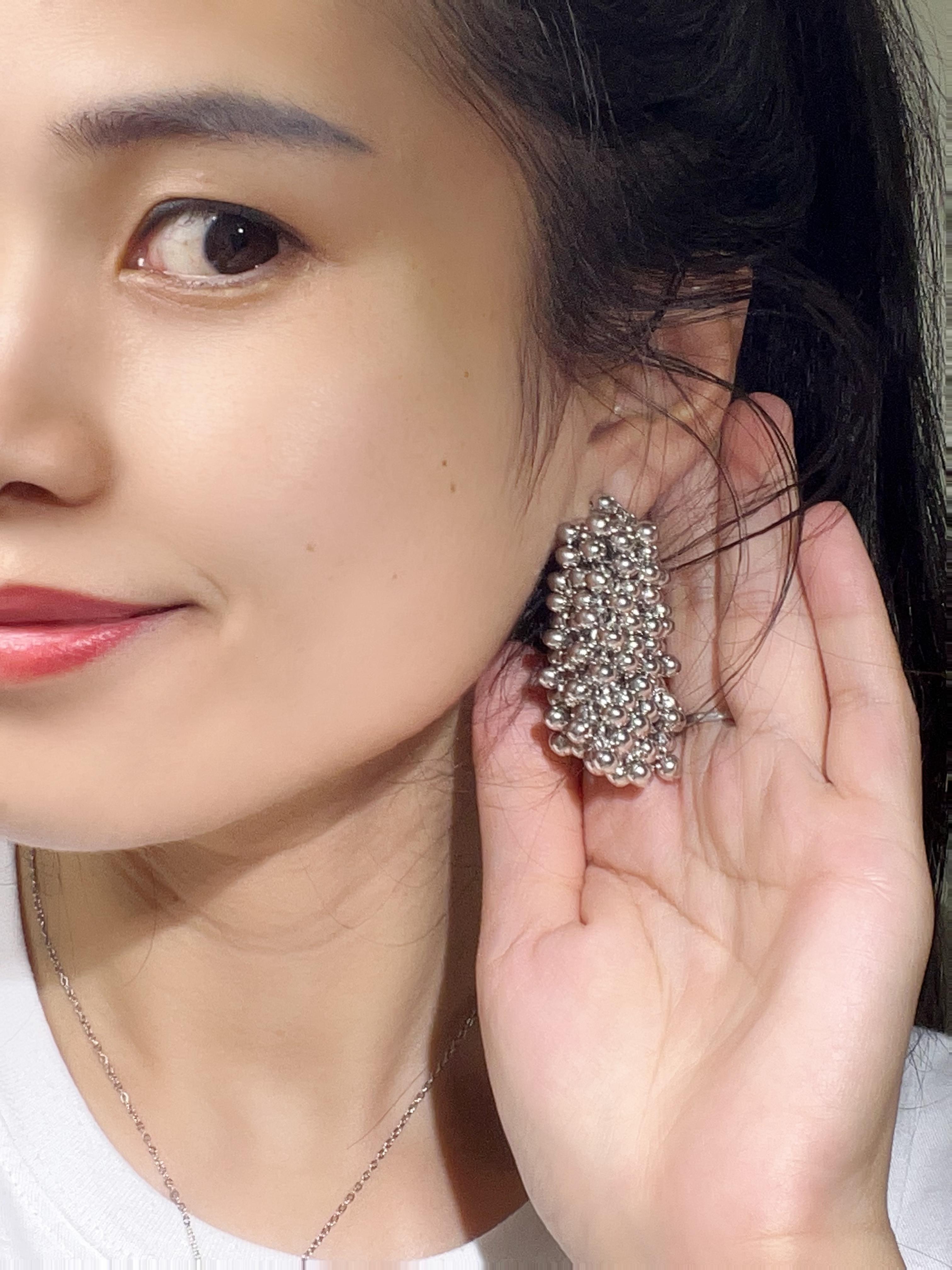 Stainless Steel Silver Grape Bead Tassel Earrings, Minimalist Statement Drop Earrings, Hypoallergenic Party Jewelry for Women