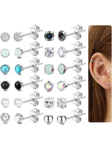 12 Pair Earrings  Steel for Women Girls Hypoallergenic Zirconia Opal Moonstone Medical Earrings Set Stud Earring Jewelry Gold/Silver Earrings Helix Cartilage Earrings for Multiple Piercings Hypoallergenic Post Earrings