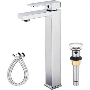 Vessel Sink Faucet Chrome, Tall Bathroom Faucets Stainless Steel, Faucet for Vanity/Bowl Sink with Metal Pop Up Drain - 25 cm Spout High - Easy to Install