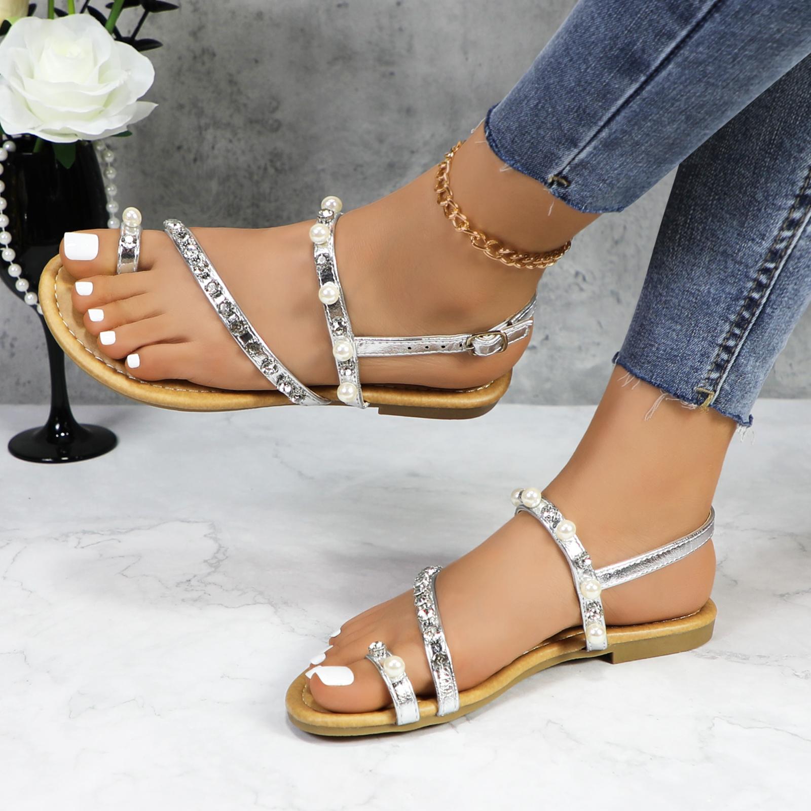 Women Lovely Pearl Strappy Open Toe Flat Sandals Ankle Strap Toe Ring Comfortable Summer Beach Casual Vacation Shoes