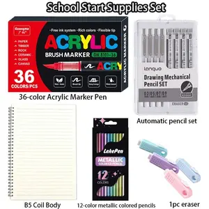 Return Branch Stationery Set, Includes 5 Pieces, Acrylic Vibrating Pen, Metal Color Pencil, Notebook, Mechanical Pencil, Extendable Eraser, Best Gift for Kids