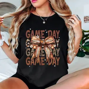 Game Day Shirt for Women Football Coquette Bow T-Shirt Short Sleeve Football Season Tee Tops Womenswear Black