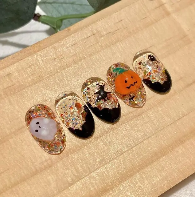 Nails   Cute 3D Halloween Ghost & Pumpkin Fake Nails, Spooky Glitter Confetti Black French Tip False Nails Set