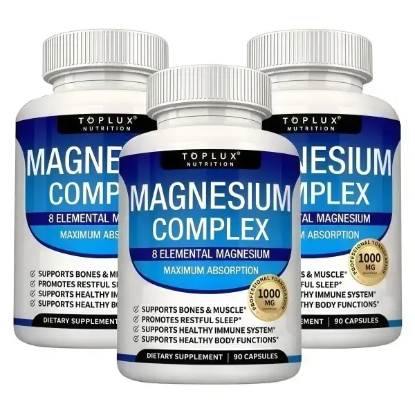 8-in-1 Elemental Magnesium Complex 1000mg with Glycinate Citrate Malate and Taurate High Absorption Chelated Mineral Supplement for Muscle Recovery Bone Health Energy and Better Sleep Vegan Non-GMO Relaxation Support for Men and Women 90 Capsules