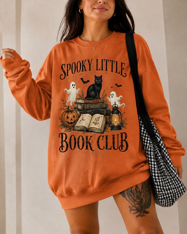 Spooky Little Book Club Sweatshirt, Vintage Ghost Cat Pumpkin Crewneck, Witchy Book Lover Pullover, Halloween Reader Gift