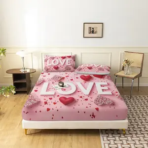 3pcs Valentine'S Day Valentine's Love Rose Day Applicable Love Letter Pattern Fitted Sheet Set, Bedding Set, Soft and Comfortable  Fitted Sheet, Suitable For Bedroom, Guest Room( 1* Fitted Sheet +2*Pillowcase)