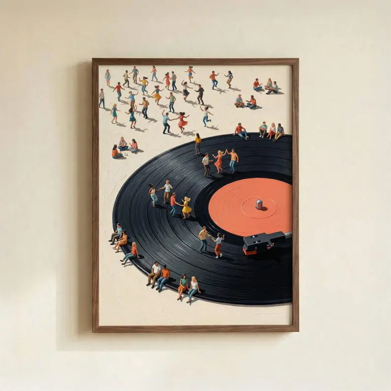 Vinyl Record Player Art Print, Retro Music Lover Poster with Dancing Figures [UNFRAMED]