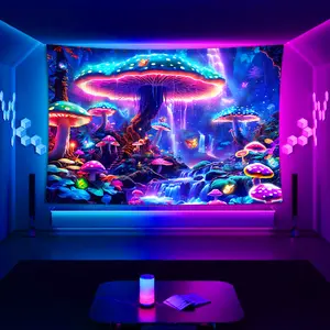 1pc Vibrant Mushroom Forest Waterfall UV Black Light Tapestry, Large Size Fluorescent Tapestry, Bedroom Office Living Room Home Decor, With Free Accessories