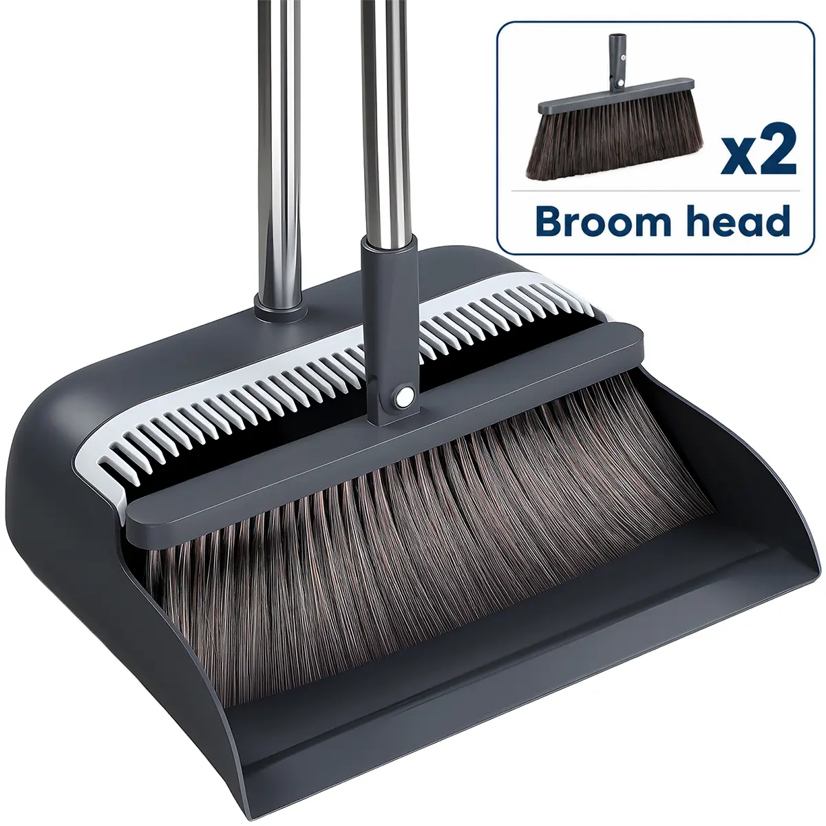 CTIME Broom and Dustpan Combo Set with 2 Broom Heads, 52-Inch Long Handle Upright Broom,180° Rotatable Brush Head, Self-Cleaning Dustpan Teeth, Floor Sweeping Tool for Home, Kitchen, Pet Hair & Outdoor Areas