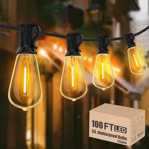 100FT Outdoor String Lights LED Dimmable Patio Lights String  with 50+3 Shatterproof Bulbs ST38  String Lights for Outside Gazebo Bistro Lights, 2200K Warm White