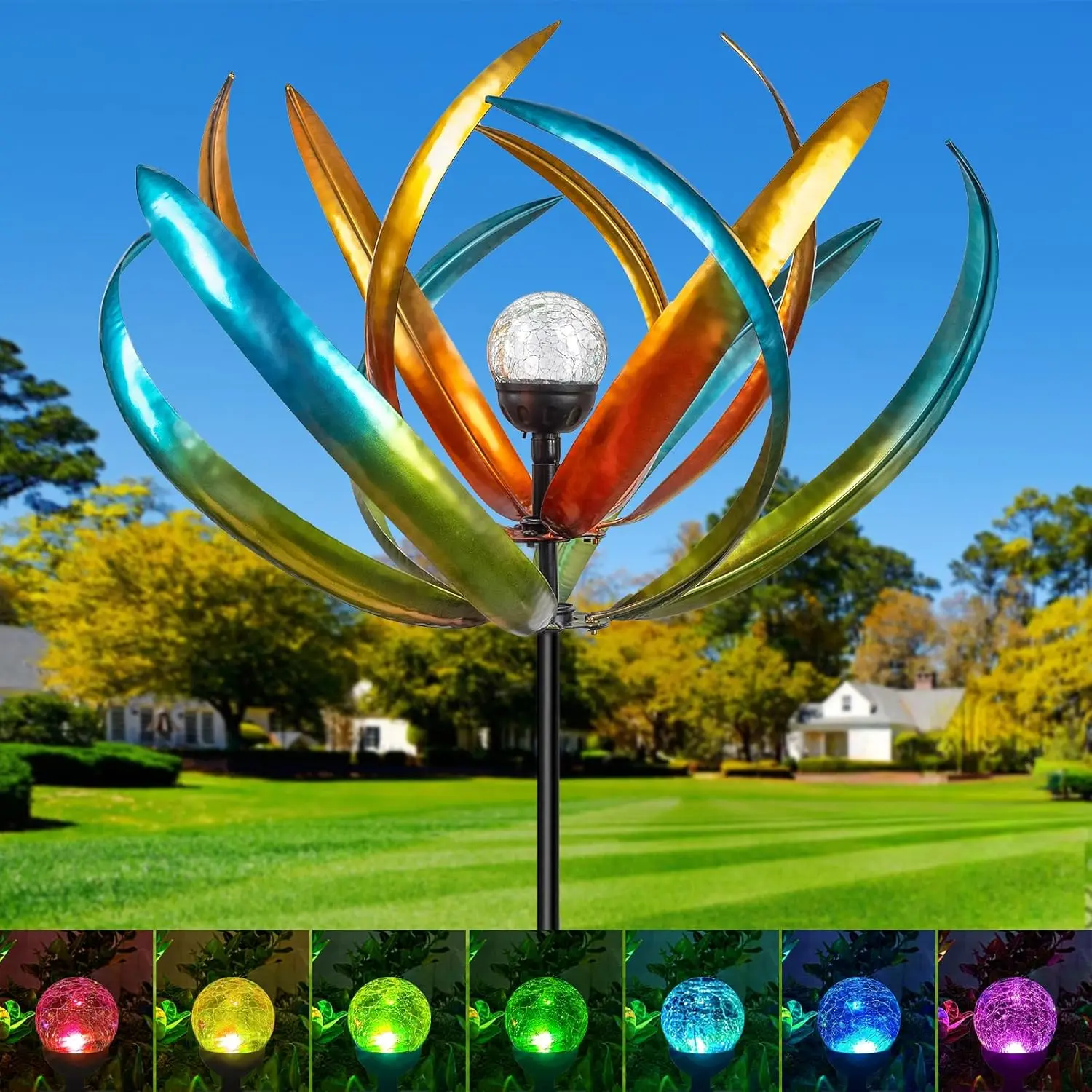 Large Solar Wind Spinners for Yard and Garden-82.6 Inch 360? Metal Wind Sculptures Outdoor Clearance Kinetic Windmills with Multi Color Led Glass Ball