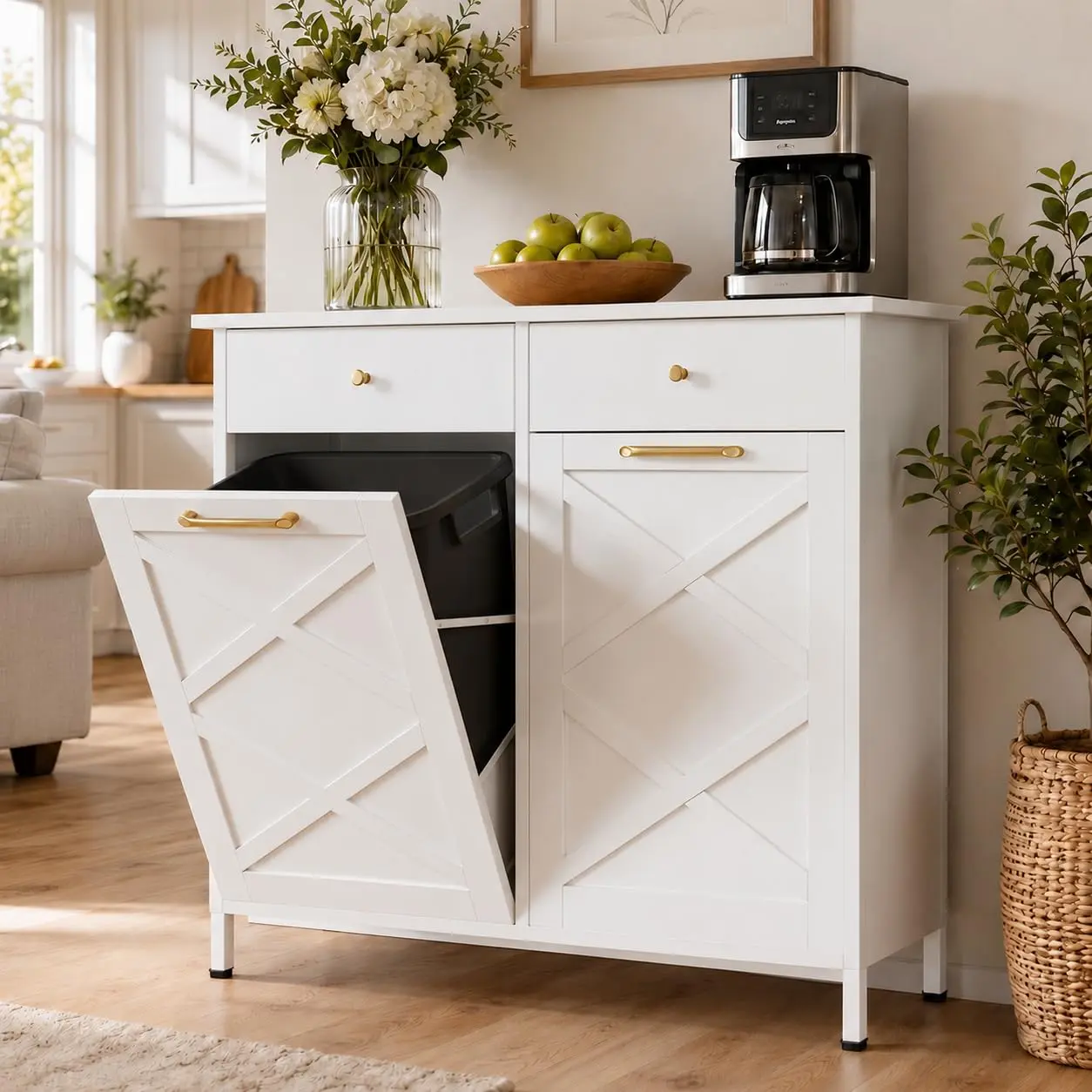 Double Tilt Out Trash Can Cabinet 20 Gallon Free Standing Garbage Recycling Can with 2 Drawers Metal Dog Proof for Kitchen & Living Room