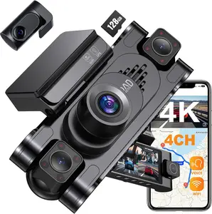 4K 360° Dash Cam for Cars, 4 Channel Front Rear Inside with 128GB Card, Super Night Vision, Fastest 5.8GHz WiFi GPS, Voice Control, 24/7 Parking Mode, Loop Recording Ideal for Uber & Lyft Safety Memory Lock Crystal Camera Adjustable