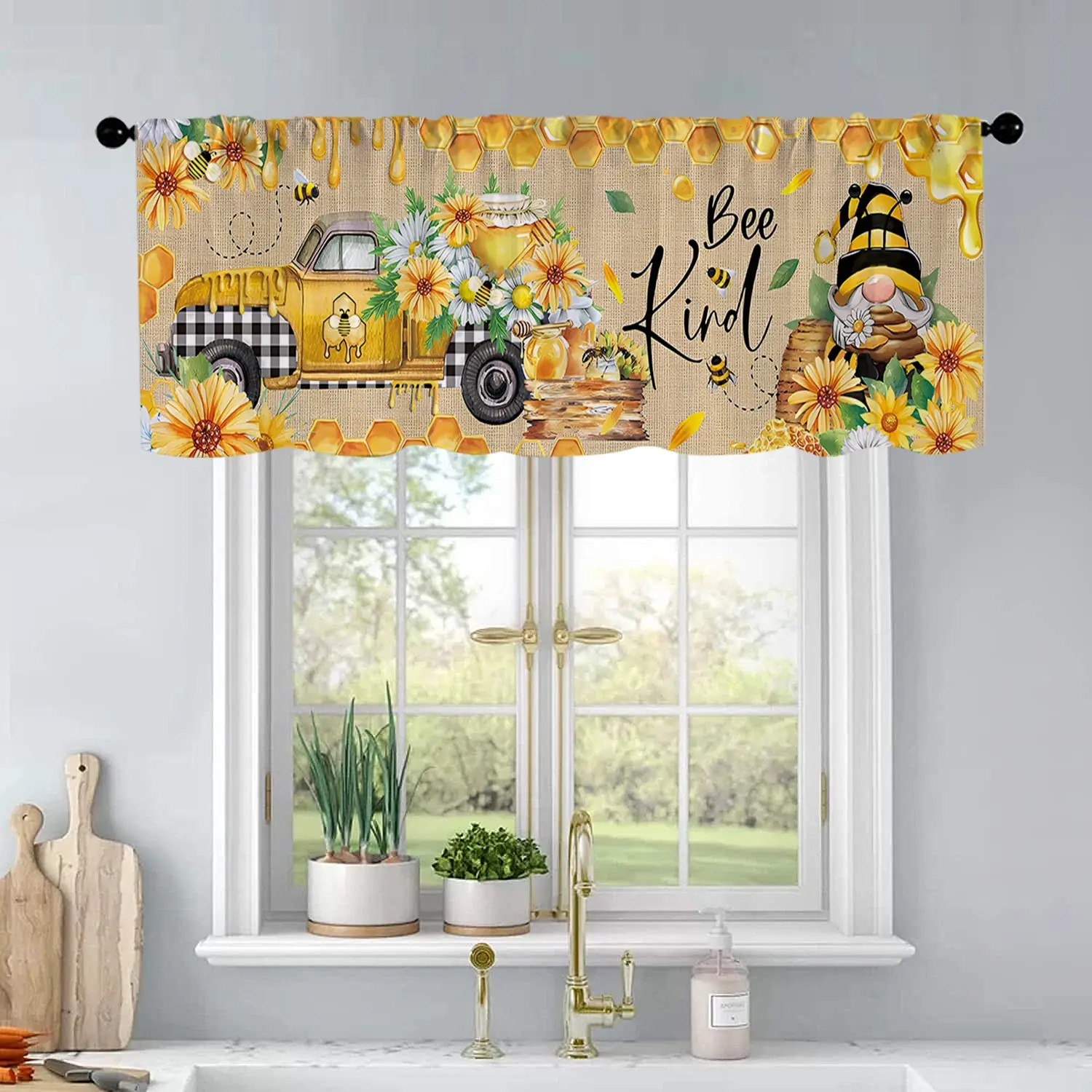 1 Pc Summer Honey Sunflower Dwarf Sitting In A Car Bee Watercolor Print Yellow Linen Texture Background Kitchen Curtain for Windows Valance Living Room Bedroom Bathroom Home Decoration Valances for Windows Valance Curtains 54 Inches * 18 Inches