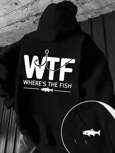 Black Oversized "WTF Where's The Fish" Fishing Humor Graphic Hoodie - Playful Casual Top, 2026 Trending Fishing Fan Streetwear, Soft Comfortable Fabric Perfect for Angler Daily Wear, Casual Gatherings & Fishing Socials, Bold Pun Slogan+Fish Pattern Design
