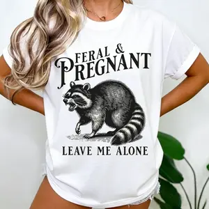"Feral & Pregnant Leave Me Alone" Raccoon Graphic Cotton T-Shirt, Funny Vintage Tee
