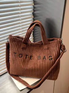 Vintage European Style Fashion Corduroy Material Letter Print Women Elegant Shoulder Handbag