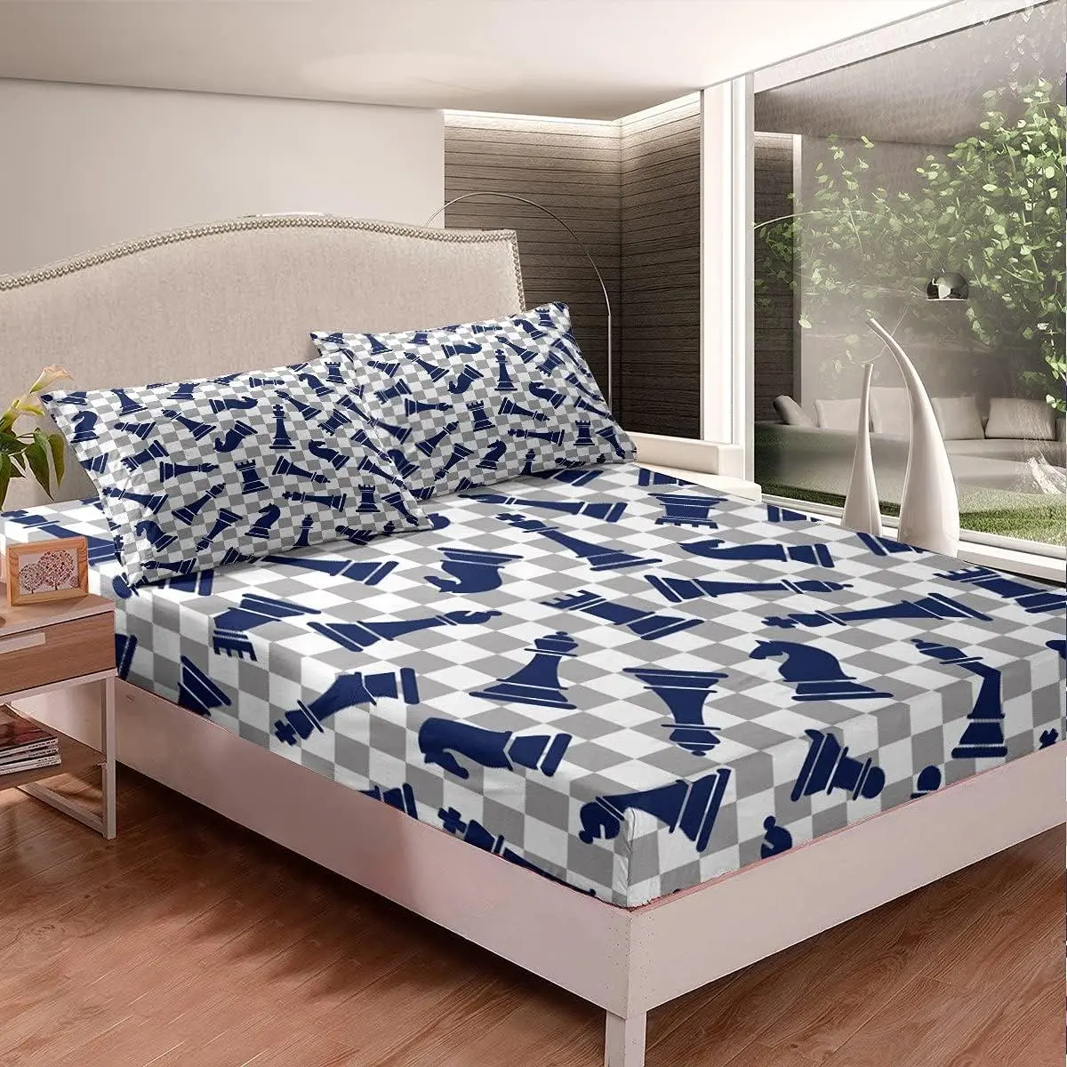 International Chess Bed Sheets,Chess Board Game Bedding Set for Kids Boys Teens Adults,Blue Chess Piece Fitted Sheet,Grey White Checkerboard Bedding