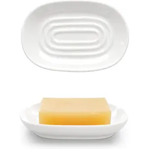 Ceramic Soap Dish for Bath Sink Modern White Bar Soap Holder for Shower Easy to Clean Multi-Purpose Oval Soap Dishes for Soap Bar Sponges Jewelry Small Items Fits Bathroom & Kitchen