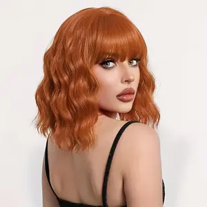 Alrence 12inch Short Ginger Orange Wavy Bob Wig with Bangs, Natural Looking Curly Synthetic Wig for Women, Heat Resistant Fiber
