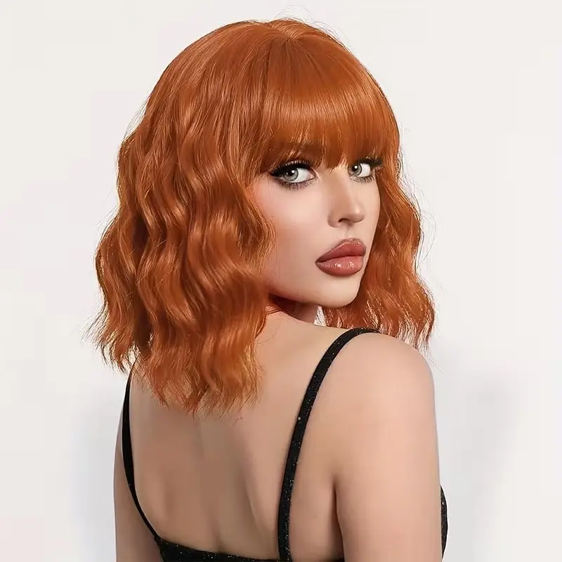 Alrence 12inch Short Ginger Orange Wavy Bob Wig with Bangs  display picture 3
