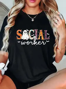 100% Cotton Social Worker Halloween Retro Ghost Halloween Social Worker T-Shirt