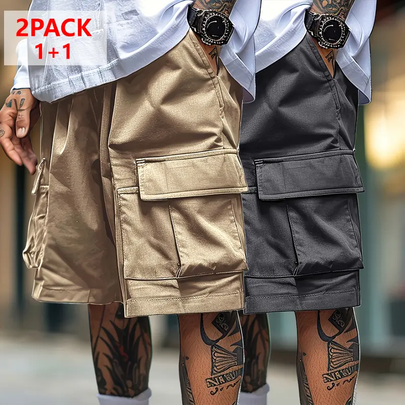 2 Pack Men's Plus Size Solid Cargo Shorts Multi Pockets Non-Stretch Breathable Polyester Summer Shorts for Commuting Hiking Daily Outdoor Wear