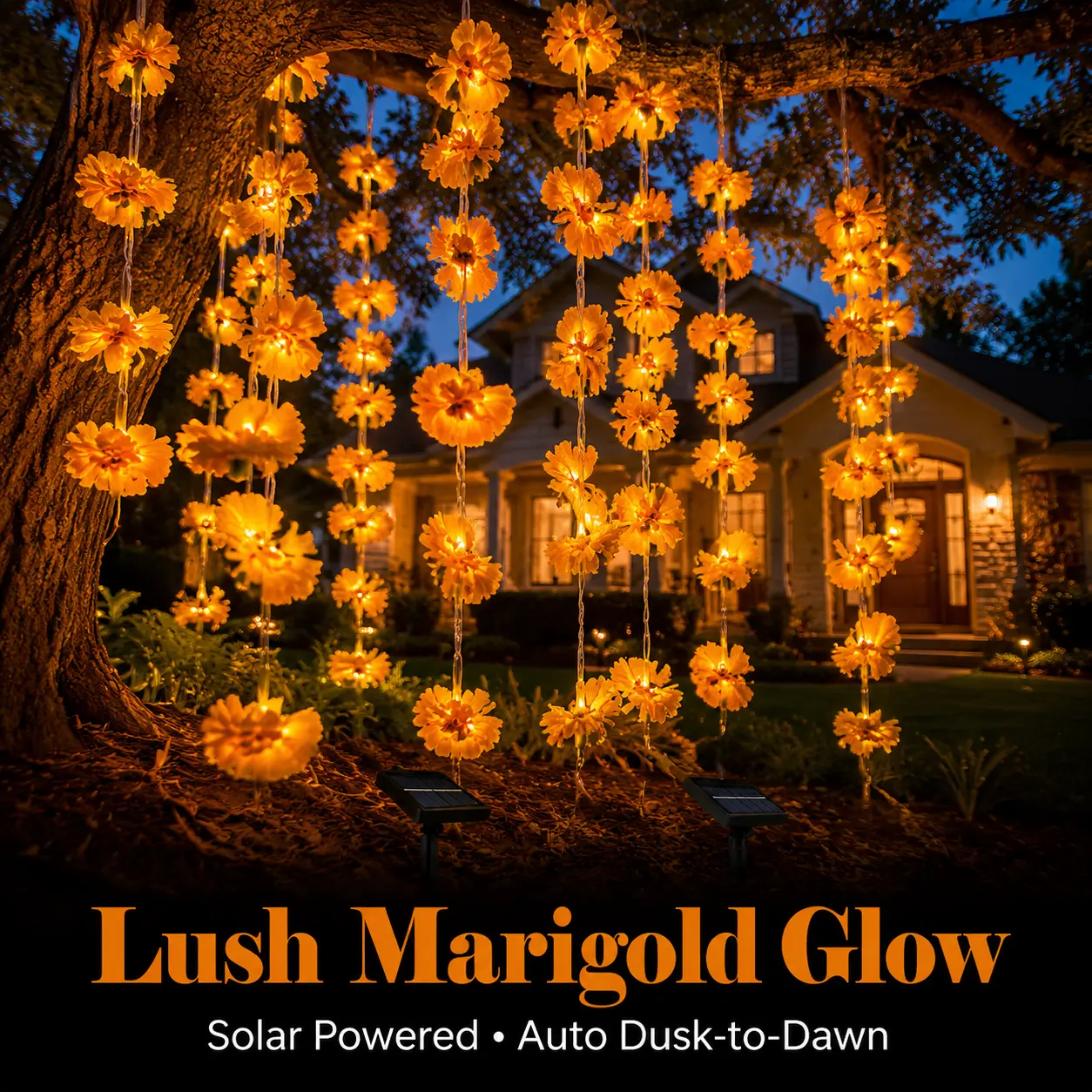 5M/16FT Floral String Lights, Solar & Battery 20 LED Marigold Cempasuchil Garland, Waterproof Orange Fairy Lights for Day of the Dead Ofrenda, Halloween & Autumn Yard Decor