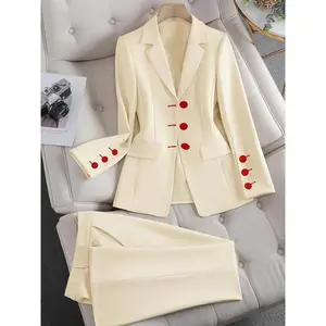 Beige Double-Breasted Blazer Suit Set for Women - 100% Polyester, Casual Straight Leg Pants with Red Dot Accents, Machine Washable Long  Fabric Sleeve