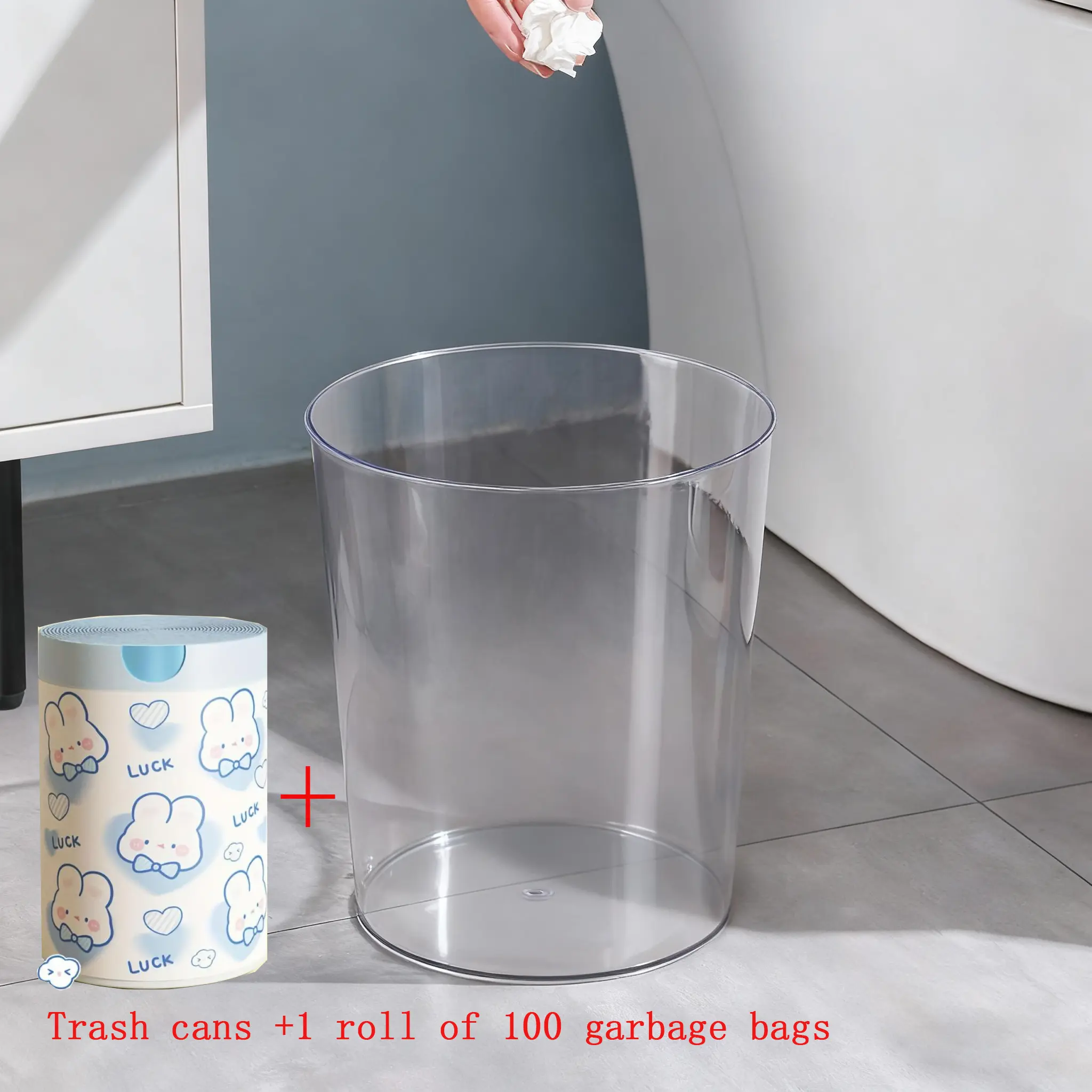 Transparent Clear Trash Storage Can with 1 Roll of 100 Garbage Bags, Fashionable Plastic Round Household Waste Bin, Ideal for Bathroom Kitchen Bedroom Home Office Dormitory