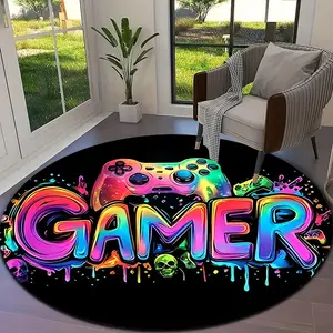 Colorful Gaming Theme Round Rug, Cool Player Style, Flannel Mat, Gaming Rugs, Perfect for Living Room, Bedroom, Bathroom, Office, Hallway