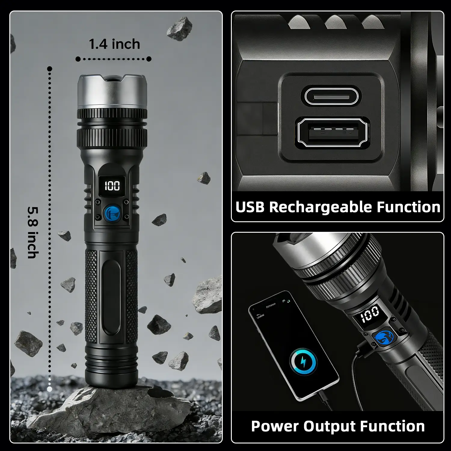 1200 Lumen 2-in-1+Power Bank Flashlight, Digital display ofpower, Rechargeable,Zoomable,X4Waterproof,Adjustable Brightness FlashLight for Outdoor,Emergency,Camping Accessories, Black Fathersdaygift - TikTok Shop 1200 Lumen 2-in-1+Power Bank Flashlight, Digital display ofpower, Rechargeable,Zoomable,X4Waterproof,Adjustable Brightness FlashLight for Outdoor,Emergency,Camping Accessories, Black Fathersdaygift - TikTok Shop