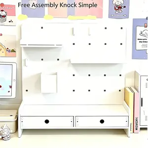 Hole plate desktop vertical board card storage display rack with layered partitions, dormitory star-chasing punch-free shelf, dressing table cosmetics storage rack, Table organizers, desktop storage, organizing artifact with 2 drawers, 3 hooks