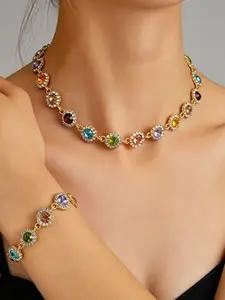 Rainbow Gemstone Jewelry Set, Necklace and Bracelet with Multicolor Gems and Crystal Decorations, Perfect for Music Festivals and Parties