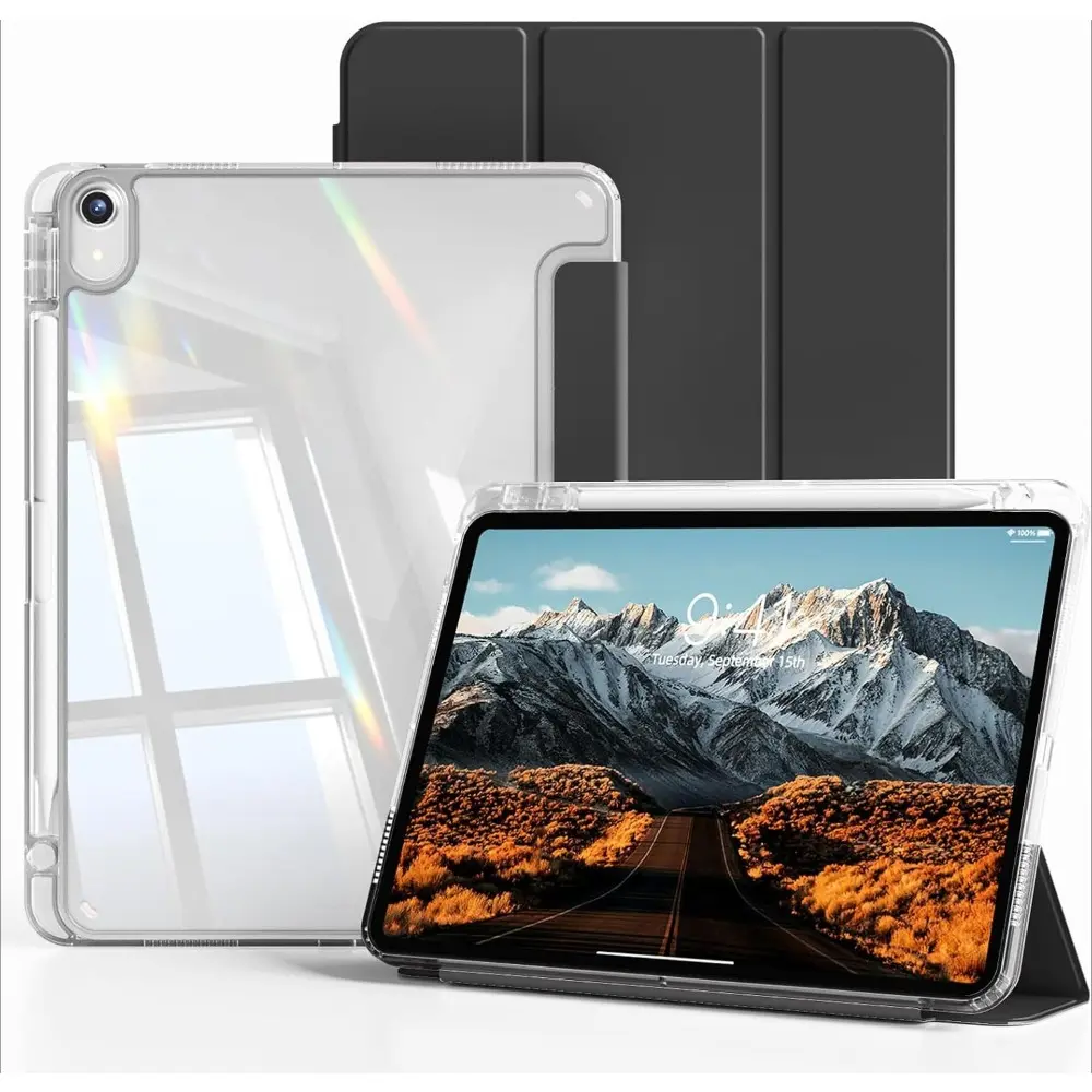 Black 1PC Tablet Protective Case Ipad Soft Anti-Fall Protection, Ultra-Thin/Smart Stand/Auto-Wake Compatible with iPad A16/ Air 11 Inch Case with Pencil Holder, Trifold Cover for iPad Air M4 M3 M2, 8th 7th 6th 10th 11th Generation, and Galaxy S9/S9FE/S10+