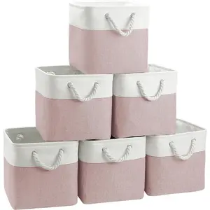 Cube Storage Bins, 6 Pack 11x11 inch with Cotton Handles for Closet, Shelves, Clothes, Toys, Towel (White/Pink) Boxes Laundry Linen Metal