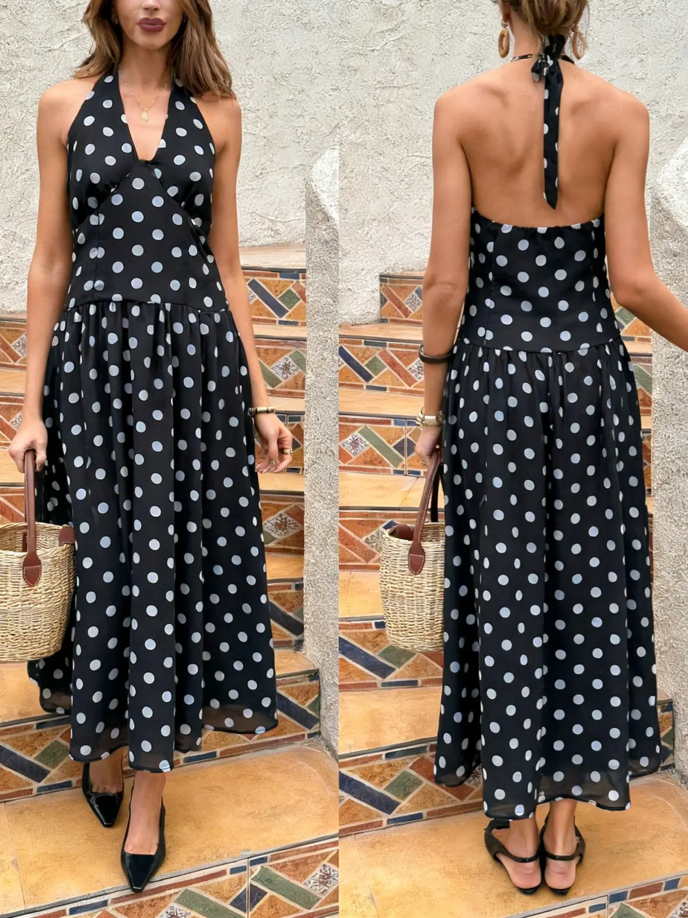 Vintage French Black & White Polka Dot Halter Neck V-Neck Backless  Waist-Cinched Retro Maxi Dress Chill Coastal Black & White Polka Dot Halter  Neck V-Neck Backless Waist-Cinched Casual Beach Maxi Dress -